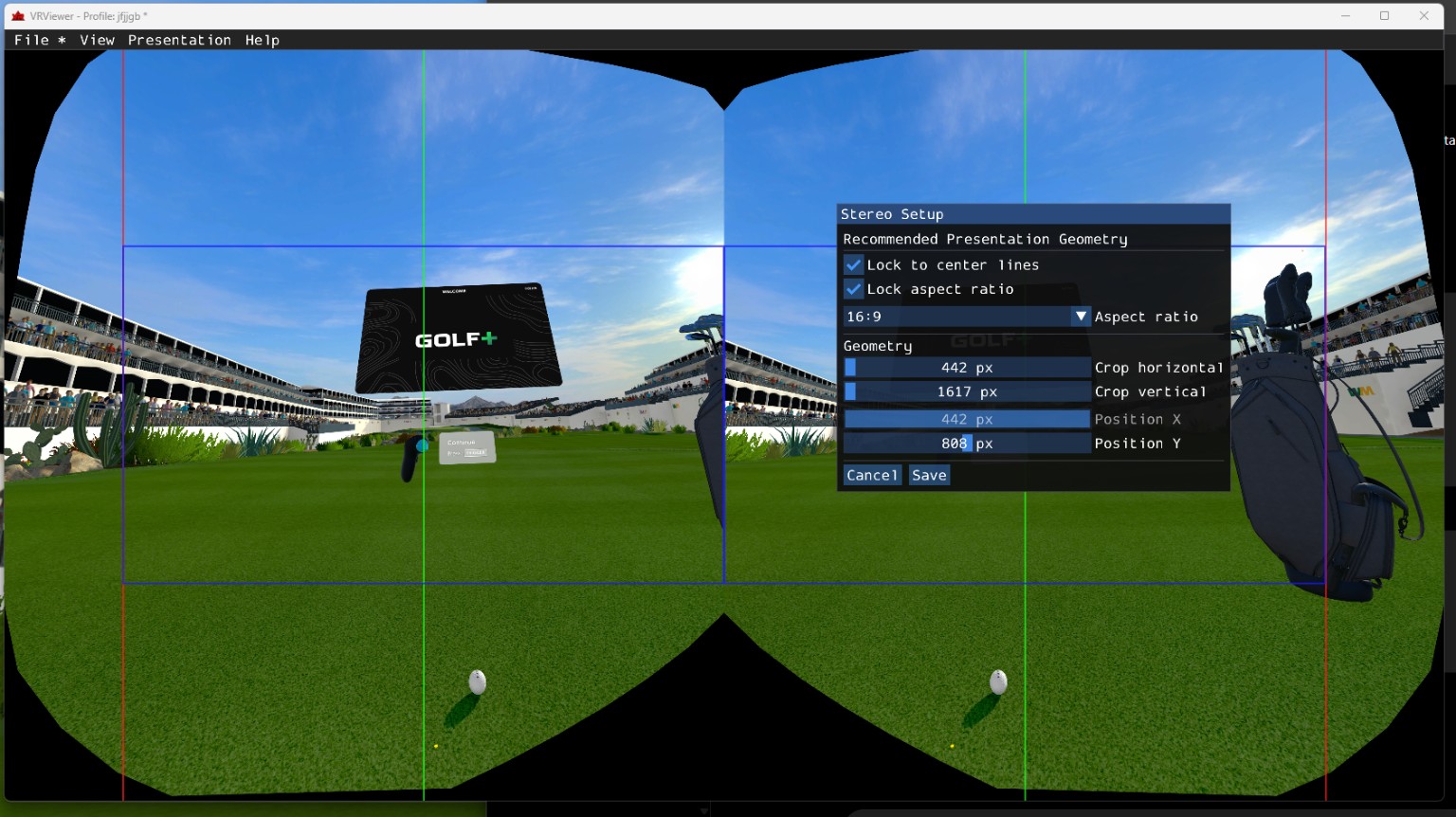 VRViewer showing stereo setup and presentation geometry controls